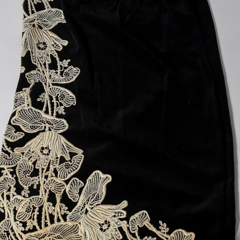 Vintage Black Maxi Dress with Cream Lace Appliqué